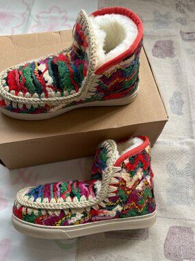 Mou Mou Rainbow Woven Fleece-Lined Snow Boots